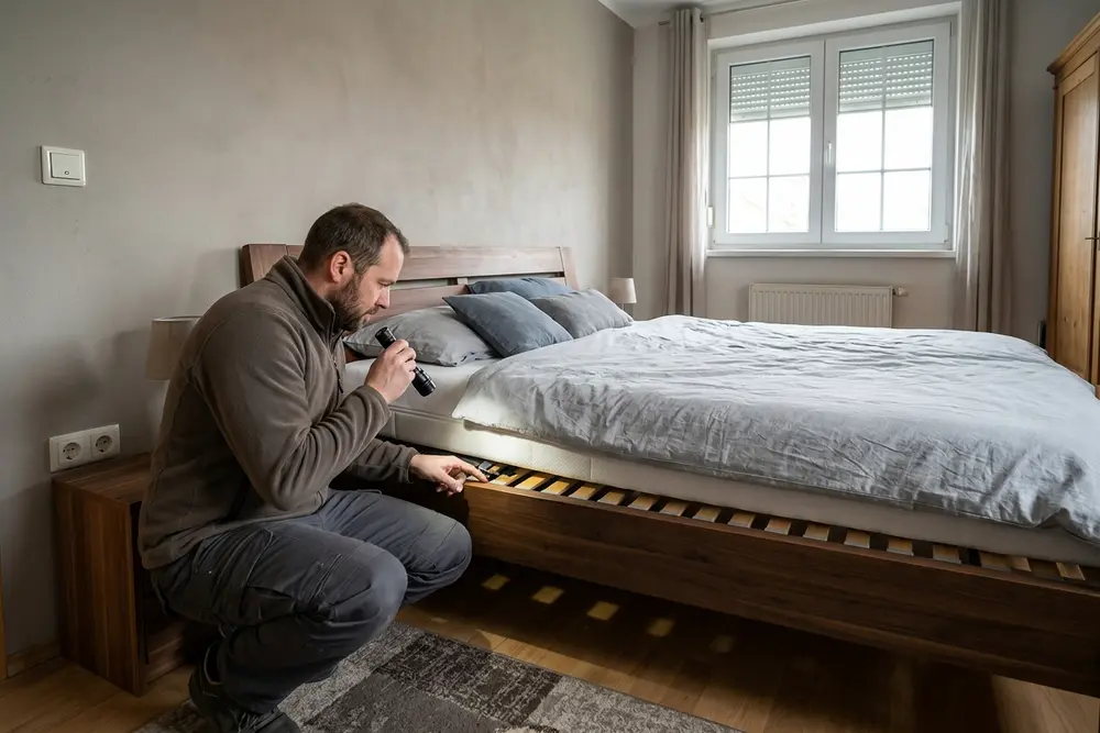 Techniker prüft mit einer Taschenlampe den Bettrahmen in einem aufgeräumten Schlafzimmer