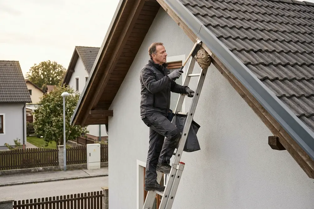 Techniker auf der Leiter entfernt ein Wespennest unter dem Giebeldach eines Hauses