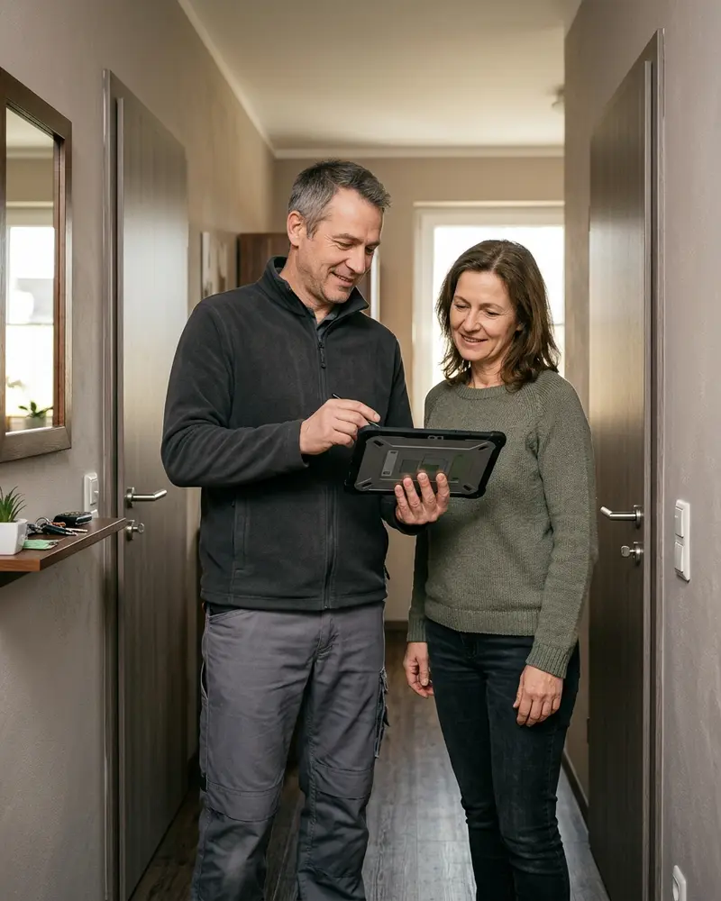 Kammerjäger bespricht im Flur eines Hauses mit einer Bewohnerin die Ergebnisse der Besichtigung am Tablet