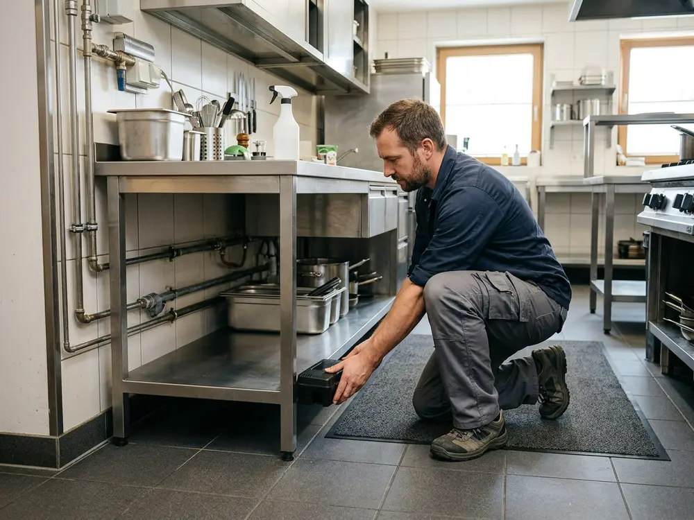 Saubere Gastronomieküche, ein Techniker stellt eine Köderstation nahe dem Boden auf
