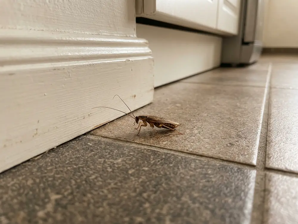 Kakerlake auf einer Küchenfliese nahe der Sockelleiste