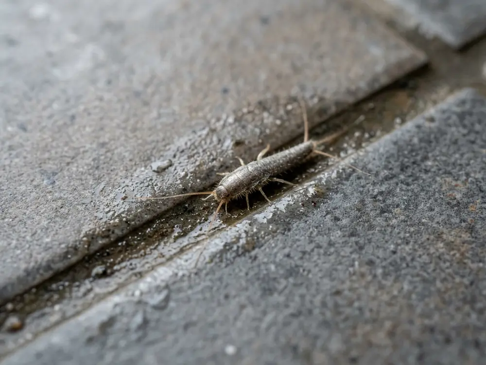 Silberfischchen auf einer feuchten Badezimmerfliese an der Fuge
