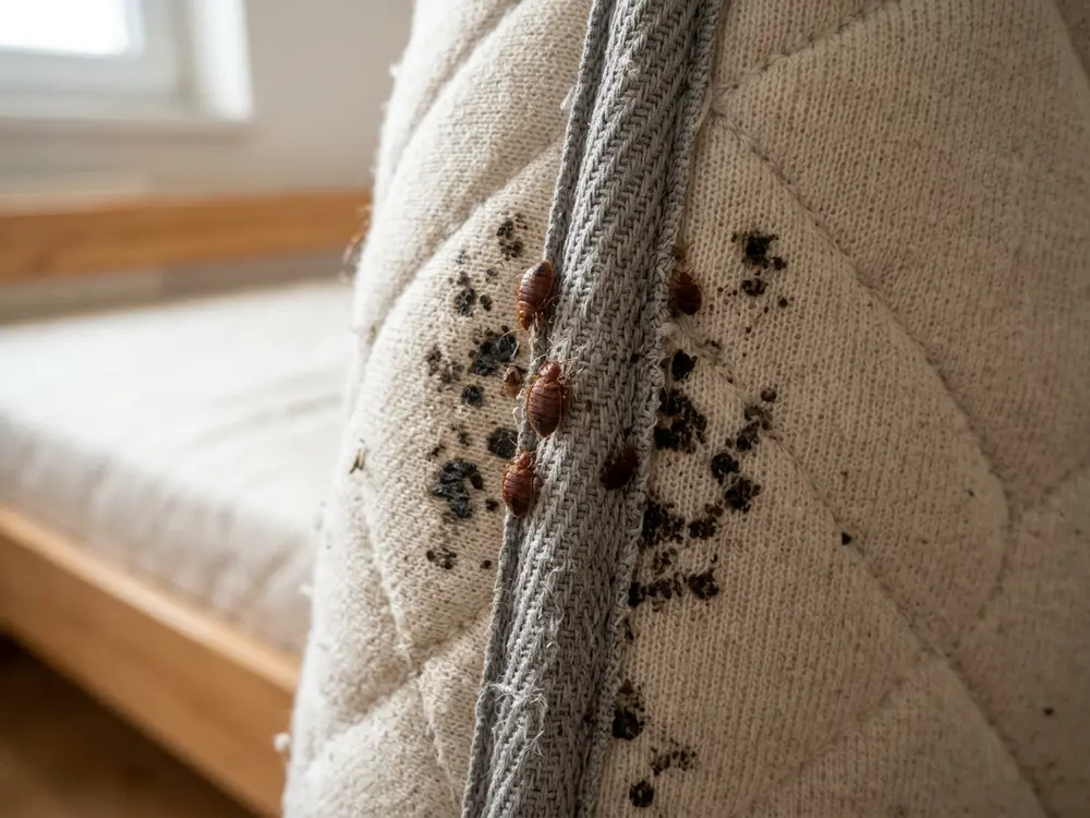 Nahaufnahme einer Matratzennaht mit einigen Bettwanzen und dunklen Kotpunkten