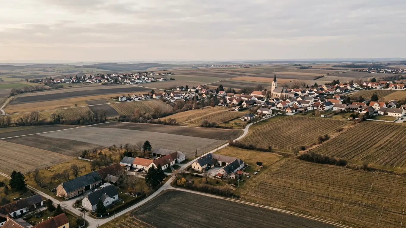 Weinviertler Hügelland mit Dörfern, Feldern und einem Kirchturm unter leicht bewölktem Himmel