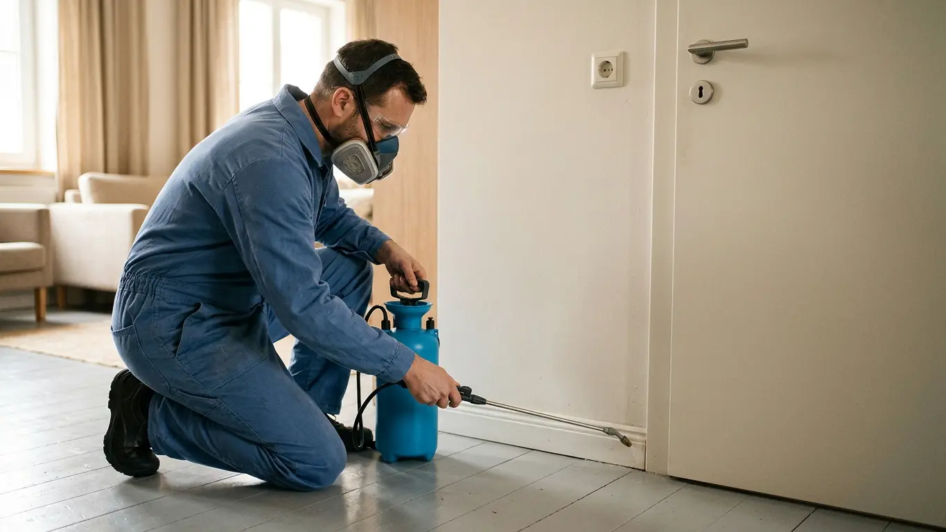 Kammerjäger mit Atemschutzmaske behandelt in einer Wohnung die Sockelleiste mit einem Handsprüher