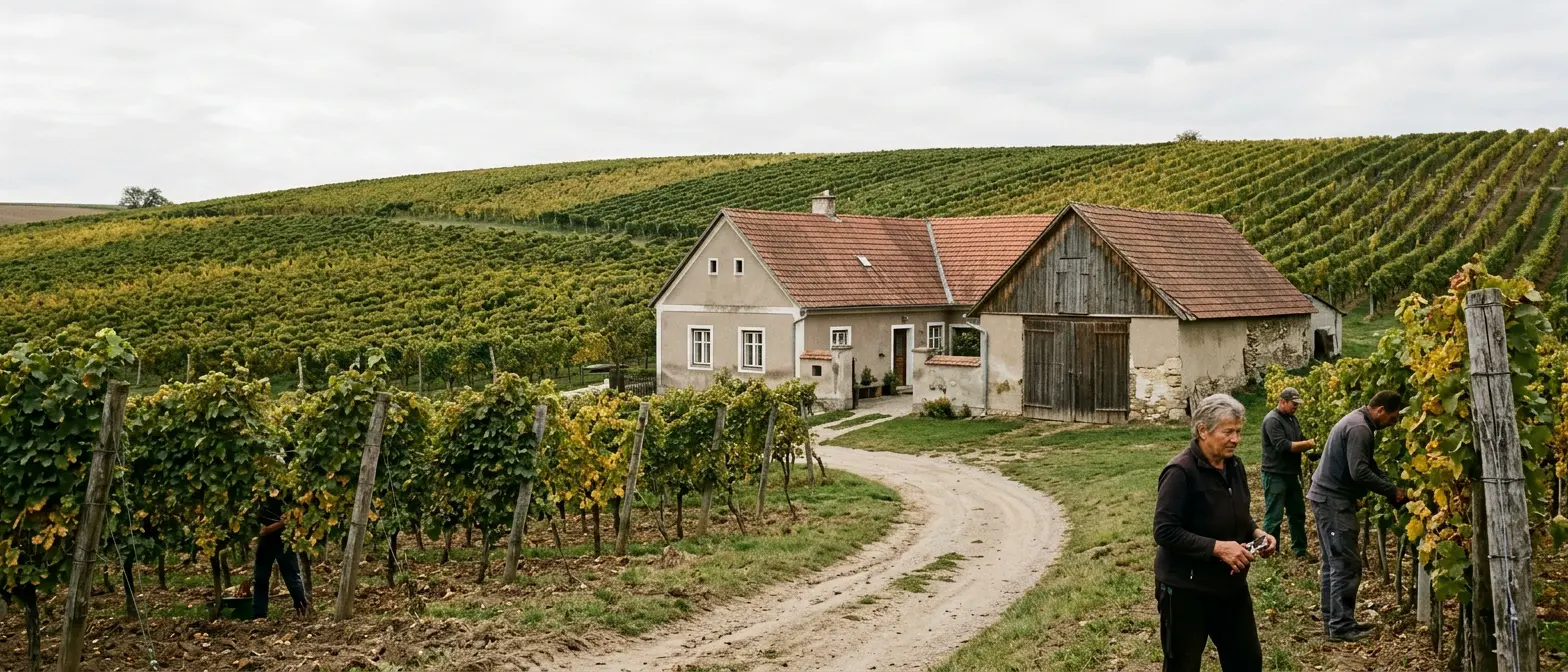 Weinviertler Weinberge mit Bauernhaus und Presshaus im weichen Licht eines bewölkten Tages