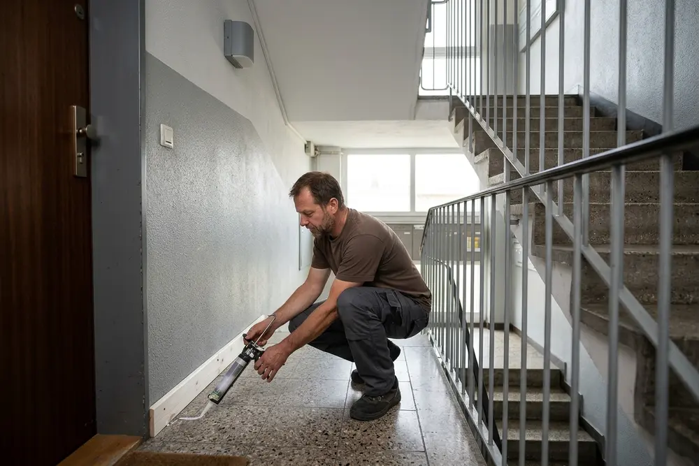 Stiegenhaus eines Mehrparteienhauses, Techniker setzt Gelköder an der Fußleiste