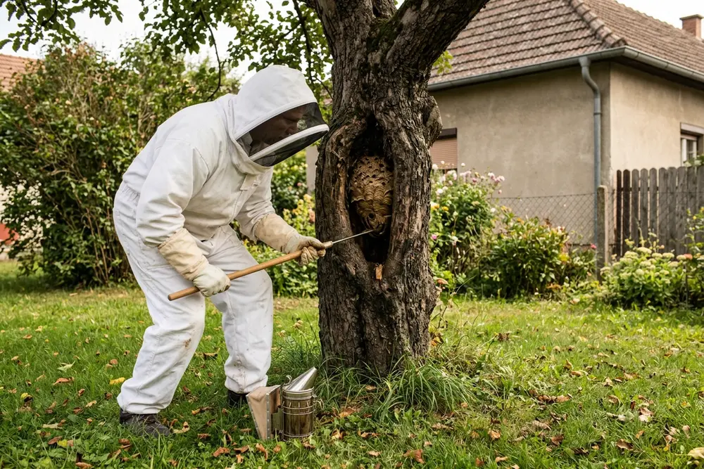 Alter Apfelbaum mit Hornissennest im hohlen Stamm, Techniker im Schutzanzug im Hintergrund