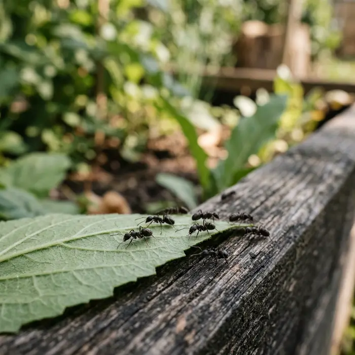 Schwarze Ameisen auf einem Blatt vor einer Holzkante im Garten