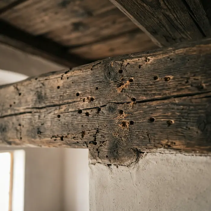 Alter Holzbalken mit kleinen Fraßlöchern und feinem Bohrmehl