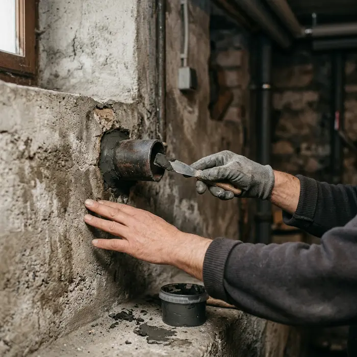 Hände verschließen mit Füllmasse eine Fuge um ein Rohr in der Kellerwand