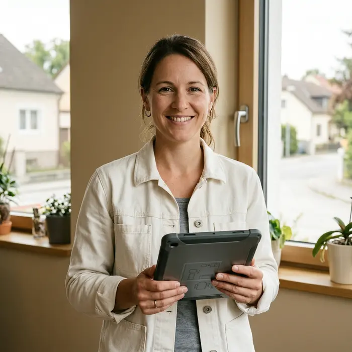 Daniela Wagner, Technikerin mit Tablet in weißer Arbeitsjacke