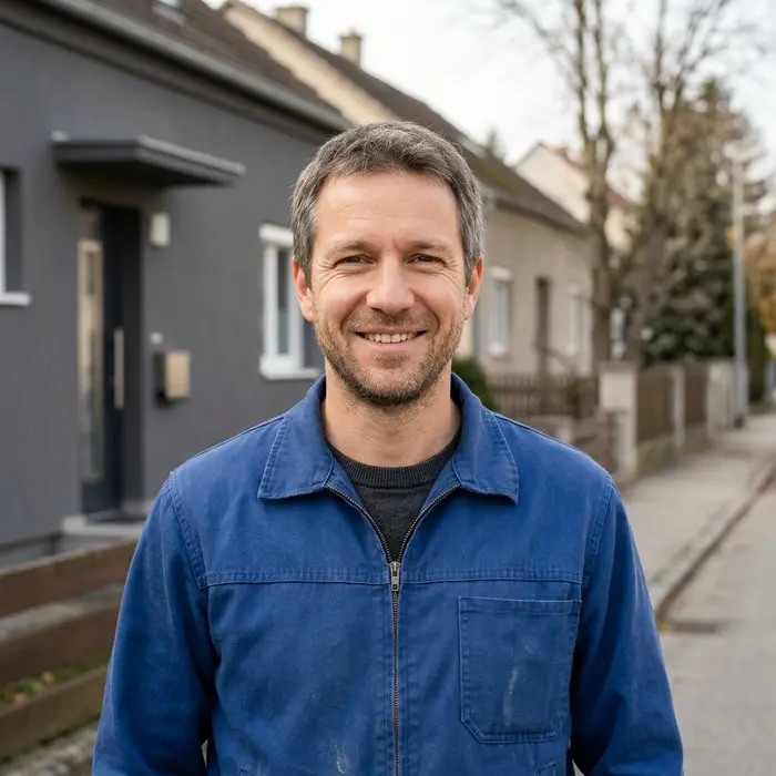 Markus Hofer, Schädlingsbekämpfer in blauer Arbeitsjacke