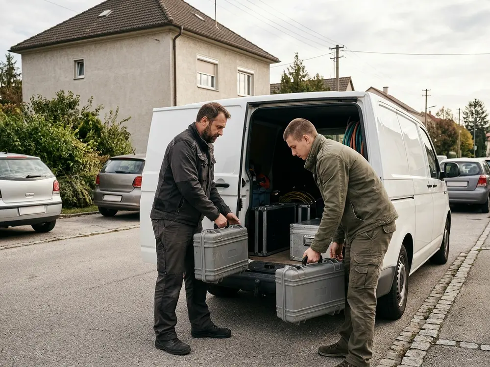 Schädlingsbekämpfer belädt einen schlichten weißen Transporter mit Gerätekoffern
